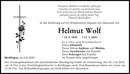 Traueranzeige von Helmut Wolf von Donauwörther Zeitung