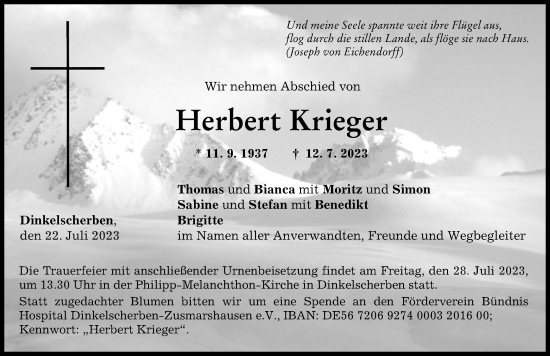 Traueranzeige von Herbert Krieger von Augsburger Allgemeine
