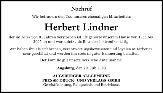 Traueranzeige von Herbert Lindner von Augsburger Allgemeine