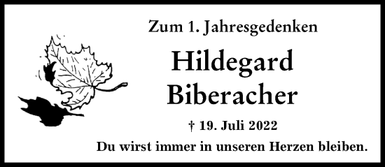Traueranzeige von Hildegard Biberacher von Günzburger Zeitung