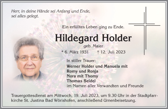 Traueranzeige von Hildegard Holder von Mindelheimer Zeitung