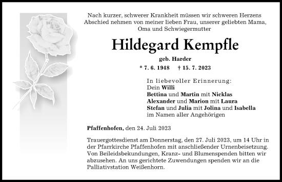 Traueranzeige von Hildegard Kempfle von Neu-Ulmer Zeitung
