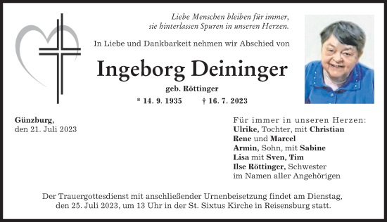 Traueranzeige von Ingeborg Deininger von Günzburger Zeitung