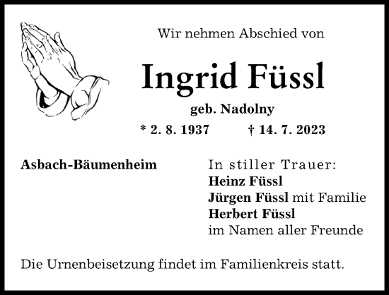 Traueranzeige von Ingrid Füssl von Donauwörther Zeitung