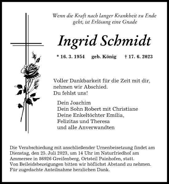 Traueranzeige von Ingrid Schmidt von Augsburger Allgemeine