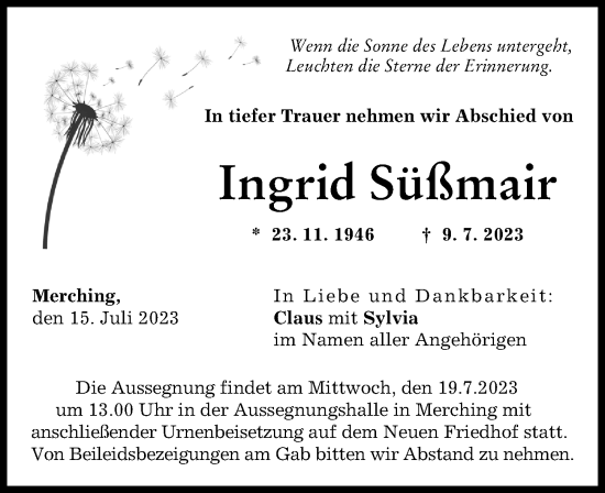 Traueranzeige von Ingrid Süßmair von Friedberger Allgemeine