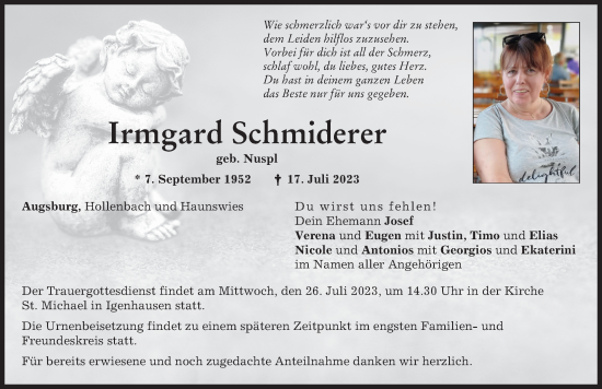 Traueranzeige von Irmgard Schmiderer von Aichacher Nachrichten