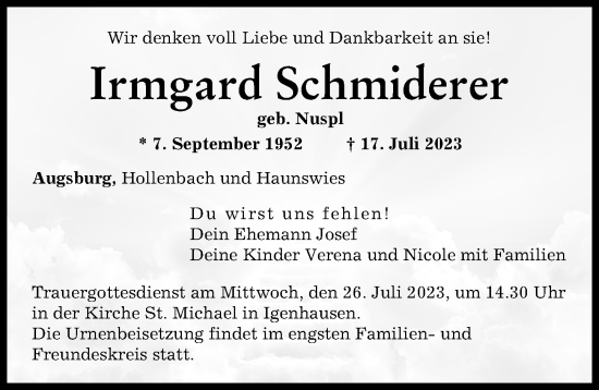 Traueranzeige von Irmgard Schmiderer von Augsburger Allgemeine