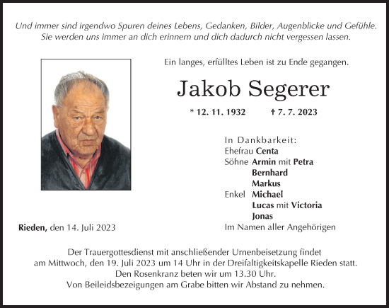 Traueranzeige von Jakob Segerer von Günzburger Zeitung