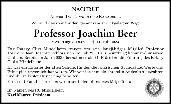 Traueranzeige von Joachim Beer von Mindelheimer Zeitung