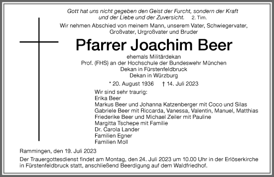 Traueranzeige von Joachim Beer von Mindelheimer Zeitung