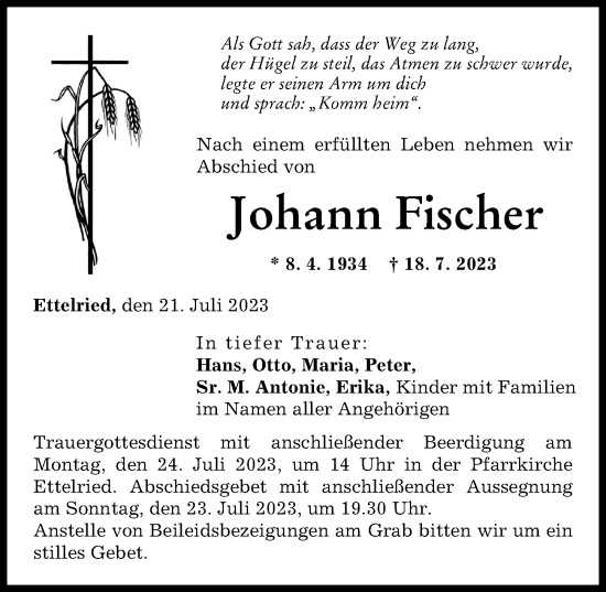 Traueranzeige von Johann Fischer von Augsburg-Land