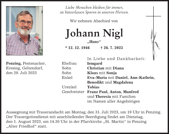 Traueranzeige von Johann Nigl von Landsberger Tagblatt