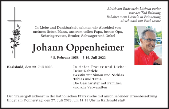 Traueranzeige von Johann Oppenheimer von Neuburger Rundschau