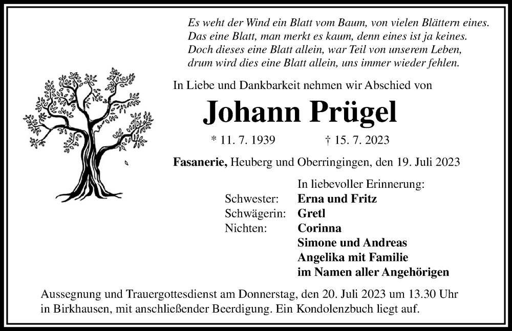  Traueranzeige für Johann Prügel vom 19.07.2023 aus Rieser Nachrichten