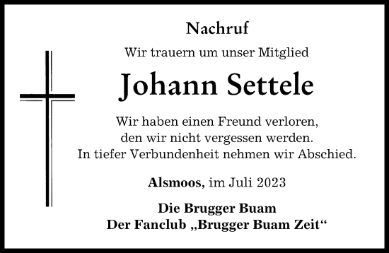 Traueranzeige von Johann Settele von Aichacher Nachrichten