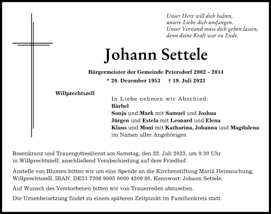 Traueranzeige von Johann Settele von Friedberger Allgemeine, Aichacher Nachrichten