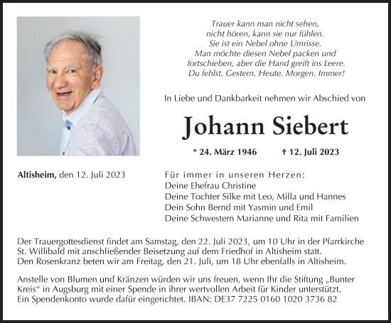 Traueranzeige von Johann Siebert von Donauwörther Zeitung