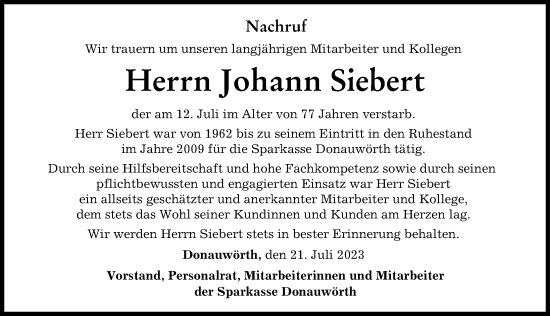 Traueranzeige von Johann Siebert von Donauwörther Zeitung