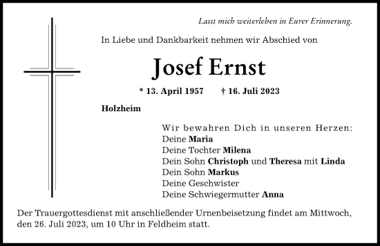 Traueranzeige von Josef Ernst von Donauwörther Zeitung