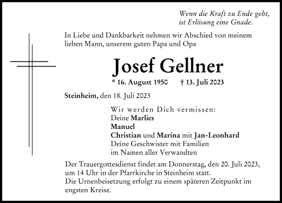 Traueranzeige von Josef Gellner von Donau Zeitung