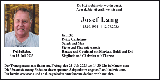 Traueranzeige von Josef Lang von Neuburger Rundschau
