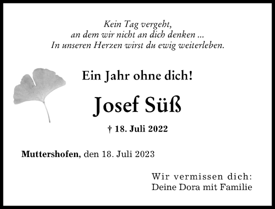 Traueranzeige von Josef Süß von Augsburg-Land