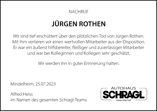Traueranzeige von Jürgen Rothen von Mindelheimer Zeitung