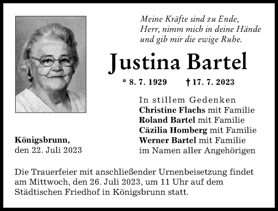 Traueranzeige von Justina Bartel von Schwabmünchner Allgemeine