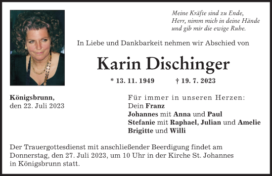 Traueranzeige von Karin Dischinger von Schwabmünchner Allgemeine