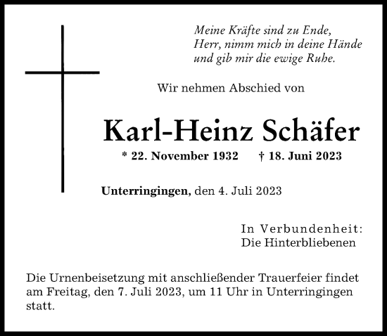 Traueranzeige von Karl-Heinz Schäfer von Rieser Nachrichten
