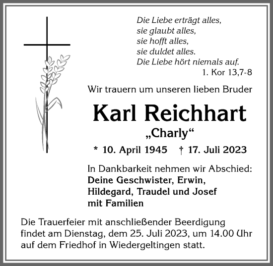 Traueranzeige von Karl Reichhart von Mindelheimer Zeitung