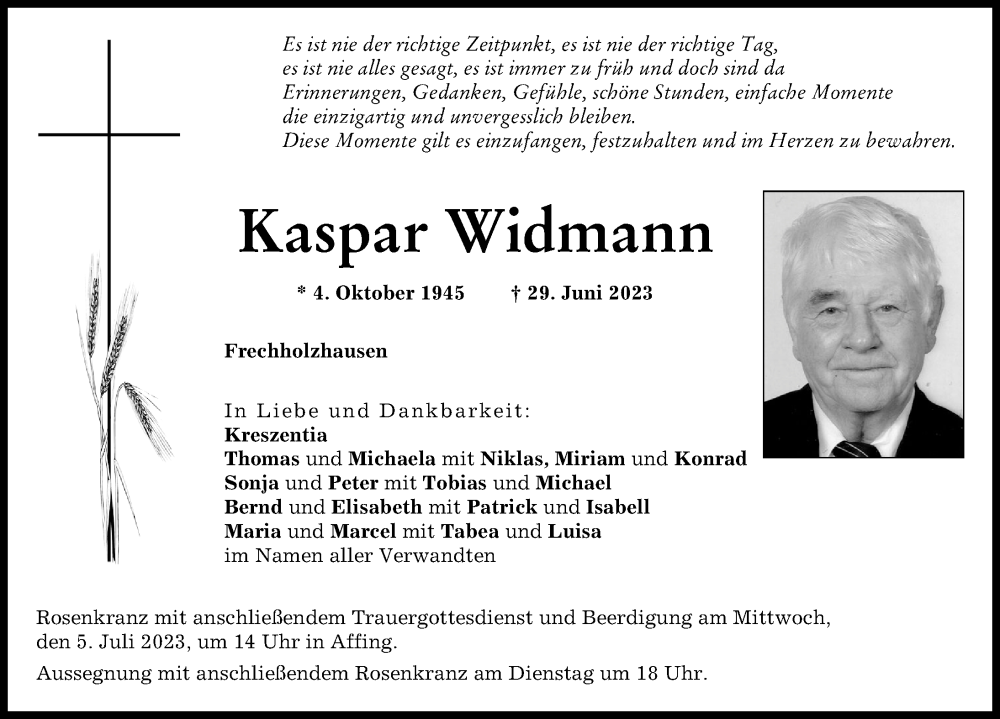 Traueranzeige für Kaspar Widmann vom 04.07.2023 aus Friedberger Allgemeine, Aichacher Nachrichten