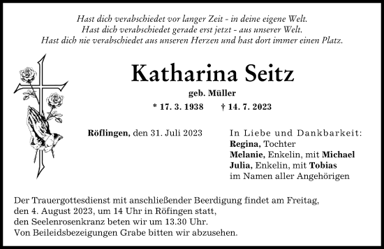 Traueranzeige von Katharina Seitz von Günzburger Zeitung