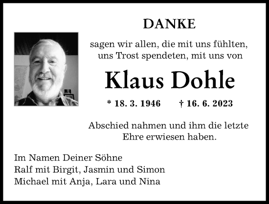 Traueranzeige von Klaus Dohle von Landsberger Tagblatt