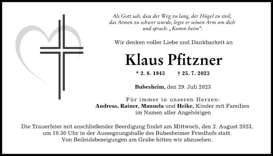 Traueranzeige von Klaus Pfitzner von Günzburger Zeitung