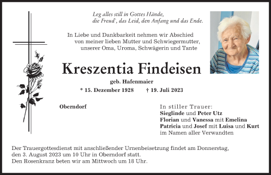 Traueranzeige von Kreszentia Findeisen von Donauwörther Zeitung