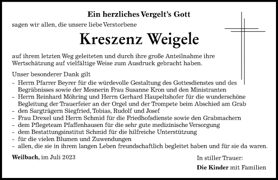 Traueranzeige von Kreszenz Weigele von Mindelheimer Zeitung