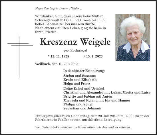Traueranzeige von Kreszenz Weigele von Mindelheimer Zeitung
