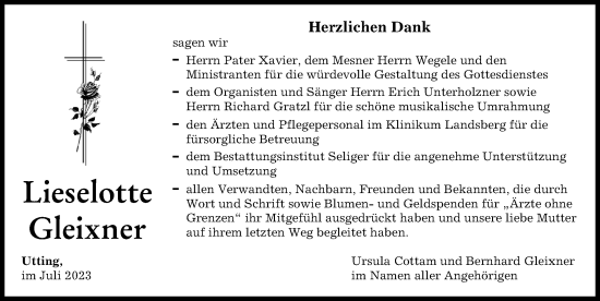 Traueranzeige von Lieselotte Gleixner von Landsberger Tagblatt