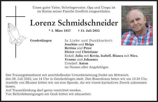 Traueranzeige von Lorenz Schmidschneider von Donauwörther Zeitung