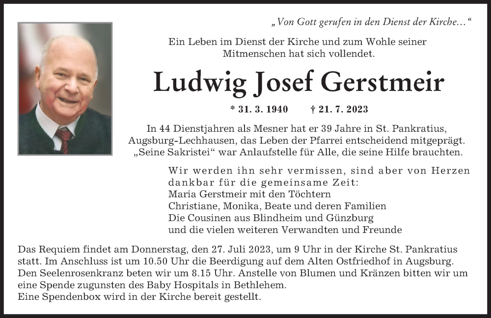  Traueranzeige für Ludwig  Gerstmeir vom 25.07.2023 aus Augsburger Allgemeine