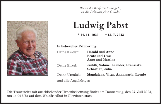Traueranzeige von Ludwig Pabst von Illertisser Zeitung