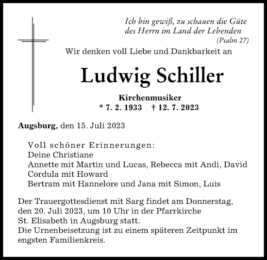 Traueranzeige von Ludwig Schiller von Augsburger Allgemeine