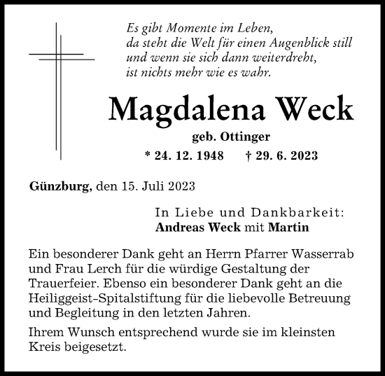Traueranzeige von Magdalena Weck von Günzburger Zeitung