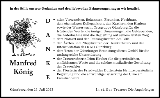 Traueranzeige von Manfred König von Mittelschwäbische Nachrichten, Günzburger Zeitung