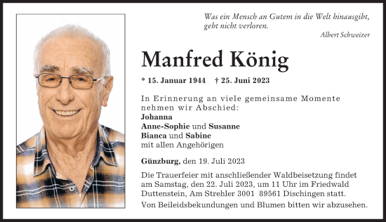 Traueranzeige von Manfred König von Mittelschwäbische Nachrichten, Günzburger Zeitung