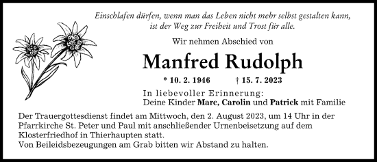 Traueranzeige von Manfred Rudolph von Augsburg-Land