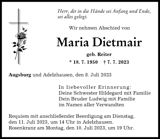 Traueranzeige von Maria Dietmair von Augsburger Allgemeine
