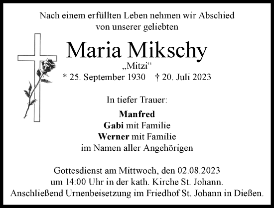 Traueranzeige von Maria Mikschy von Ammersee Kurier